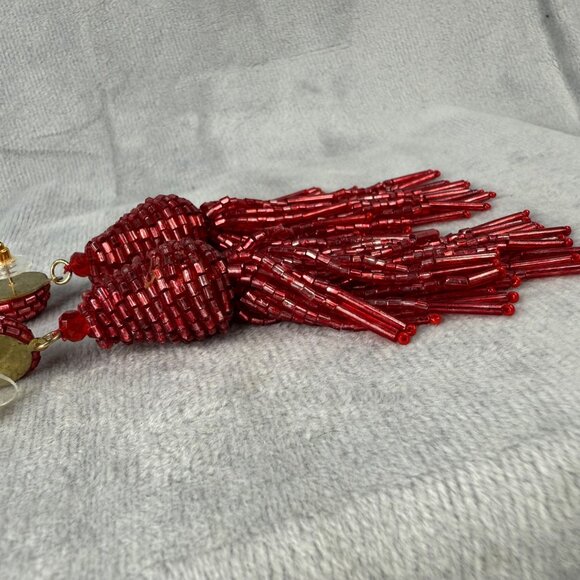 Beaded Red Tassel Pierced Earrings Statement Jewelry Gold Tone Back Vibrant Boho - Picture 16 of 16